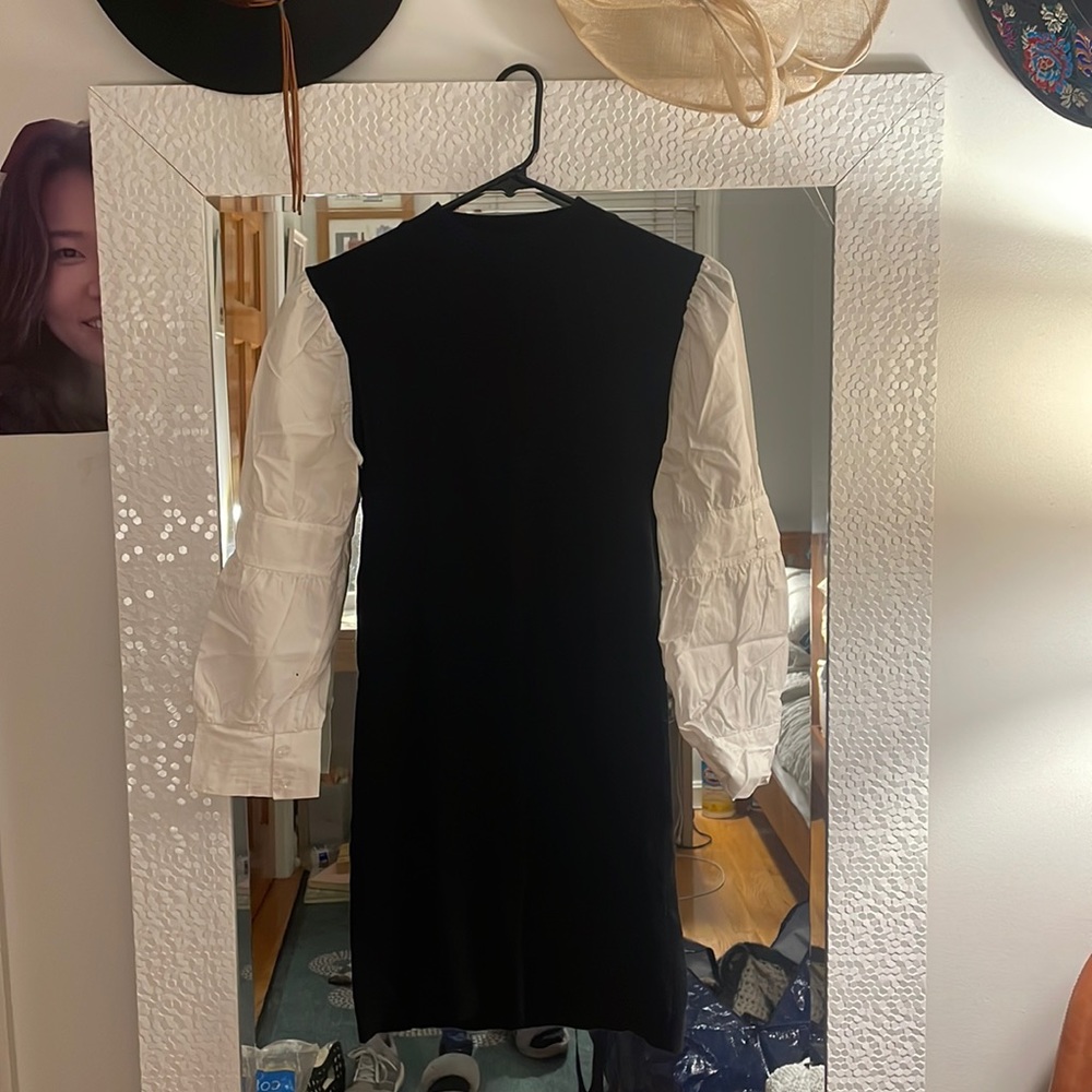 Storets black sweater dress with white puffy sleeves